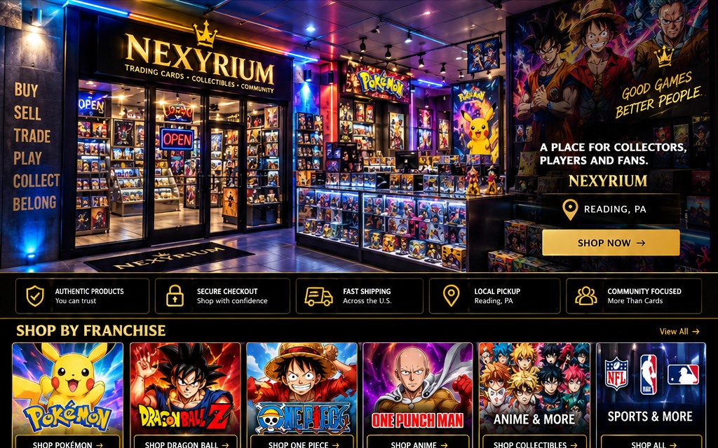 Nexyrium collectible shop concept with display cases, trading cards, figures and gaming space